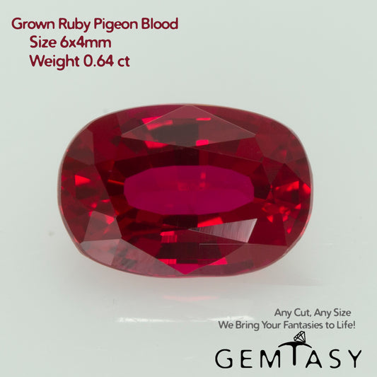 Cut stone - Ruby Pigeon blood Czochralski (Pulled) lab grown, facet Cushion 6x4mm 0.64ct