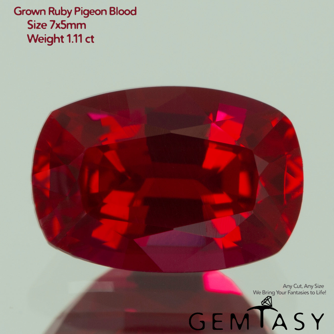 Cut stone - Ruby Pigeon blood Czochralski (Pulled) lab grown, facet Cushion 7x5mm 1.11-1.28ct