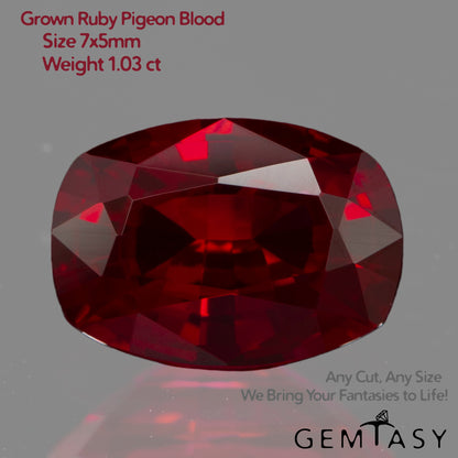 Cut stone - Ruby Pigeon blood Czochralski (Pulled) lab grown, facet Cushion 7x5mm 0.90-1.03ct