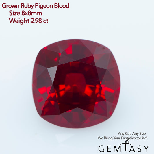 Cut stone - Ruby Pigeon blood Czochralski (Pulled) lab grown, facet Cushion 8x8mm 2.98ct