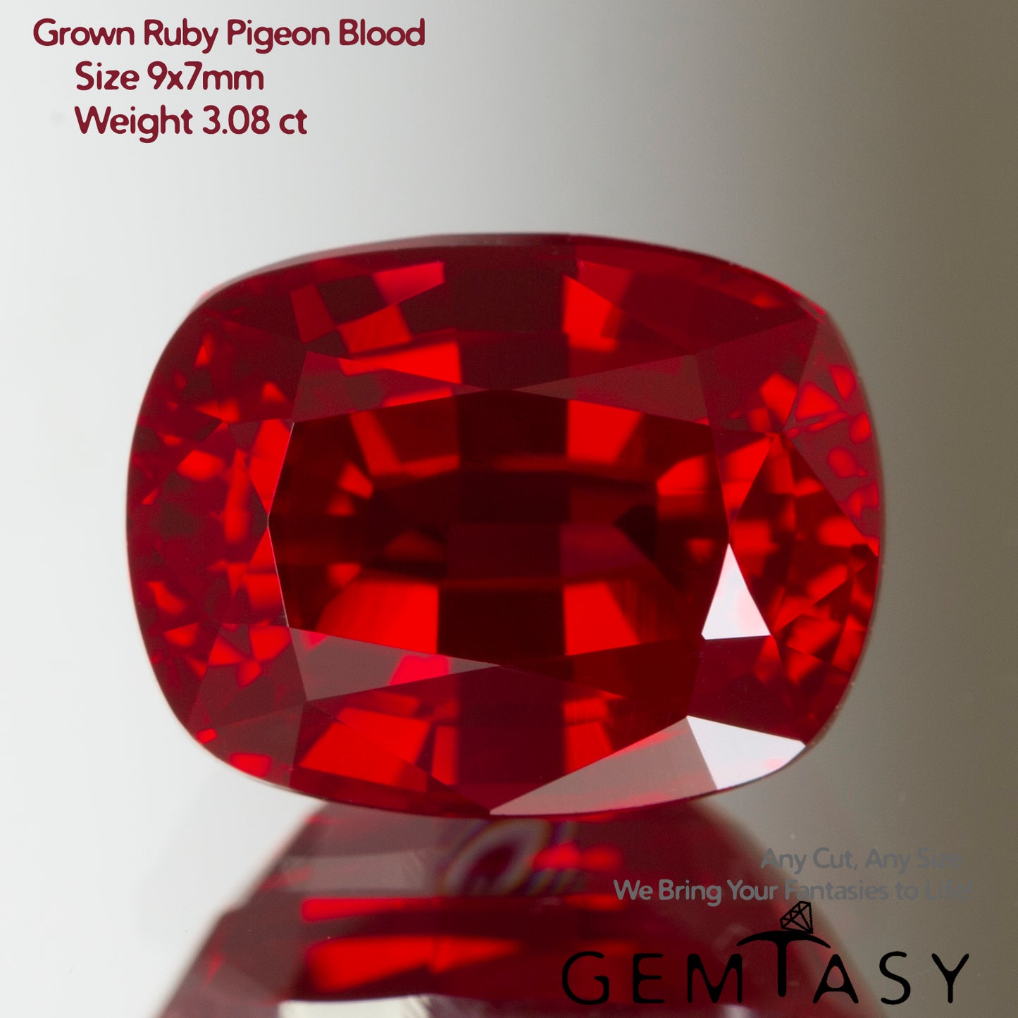 Cut stone - Ruby Pigeon blood Czochralski (Pulled) lab grown, facet Cushion 9x7mm 2.92-3.25ct