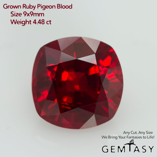 Cut stone - Ruby Pigeon blood Czochralski (Pulled) lab grown, facet Cushion 9x9mm 4.48ct