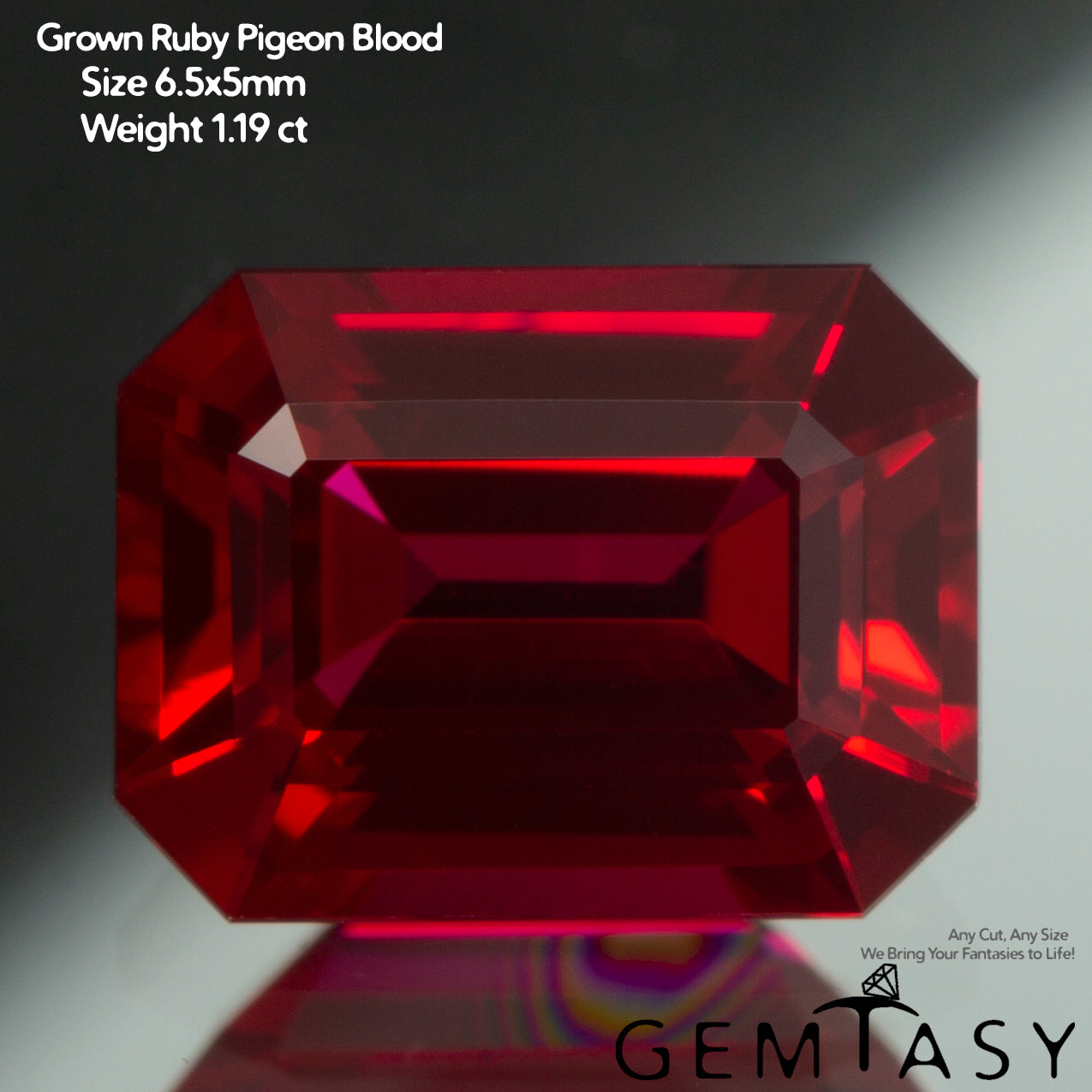 Cut stone - Ruby Pigeon blood Czochralski (Pulled) lab grown, facet Octagon 6.5x5mm 1.19ct