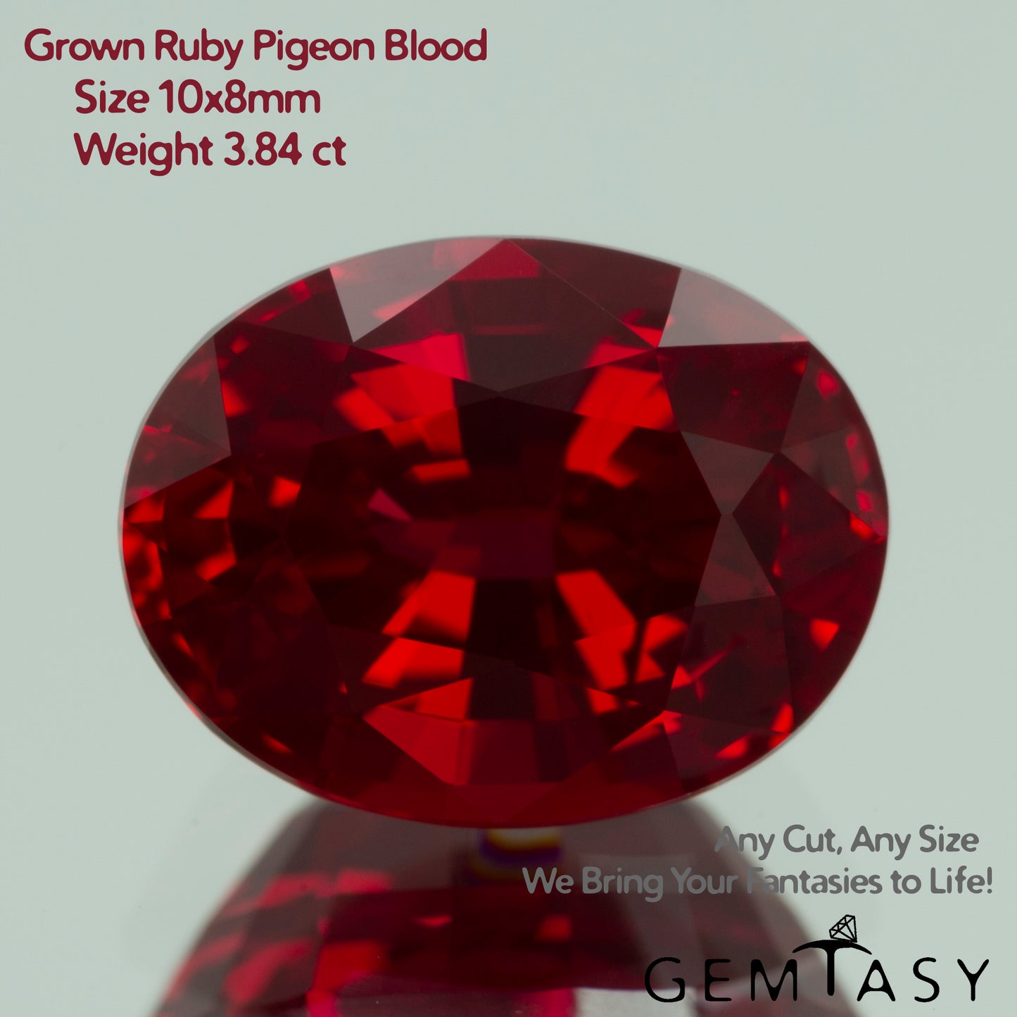 Cut stone - Ruby Pigeon blood Czochralski (Pulled) lab grown, facet Oval 10x8mm 3.74-3.88ct