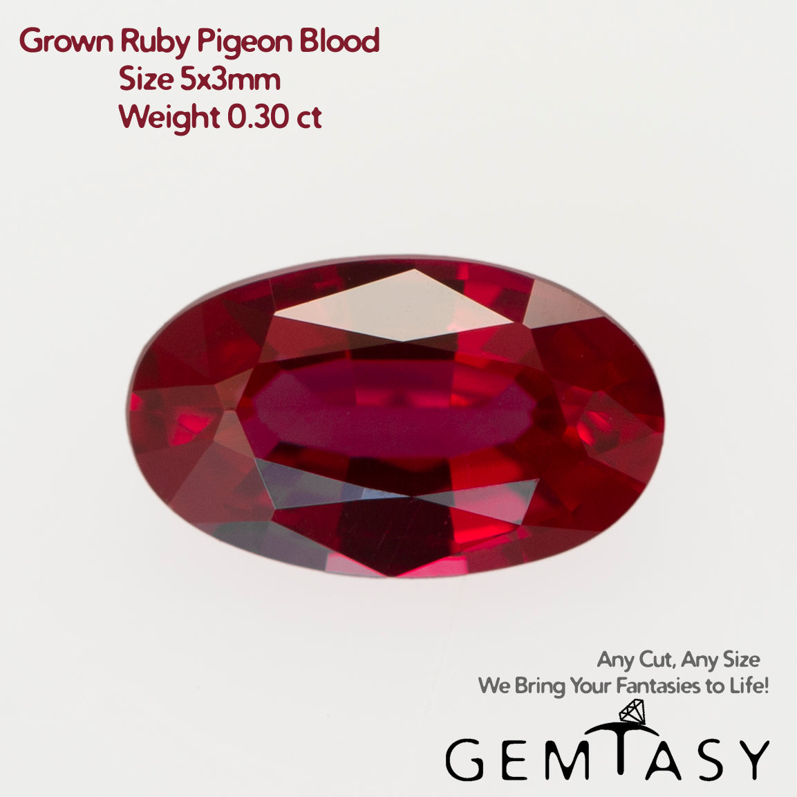 Cut stone - Ruby Pigeon blood Czochralski (Pulled) lab grown, facet Oval 5x3mm 0.29-0.30ct