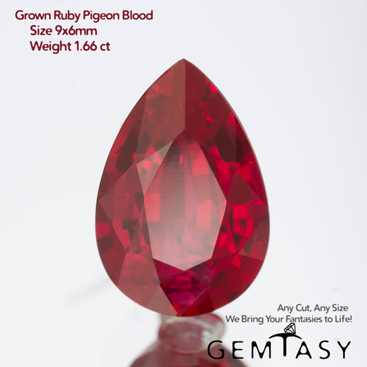 Cut stone - Ruby Pigeon blood Czochralski (Pulled) lab grown, facet Pear 9x6mm 1.61-1.84ct