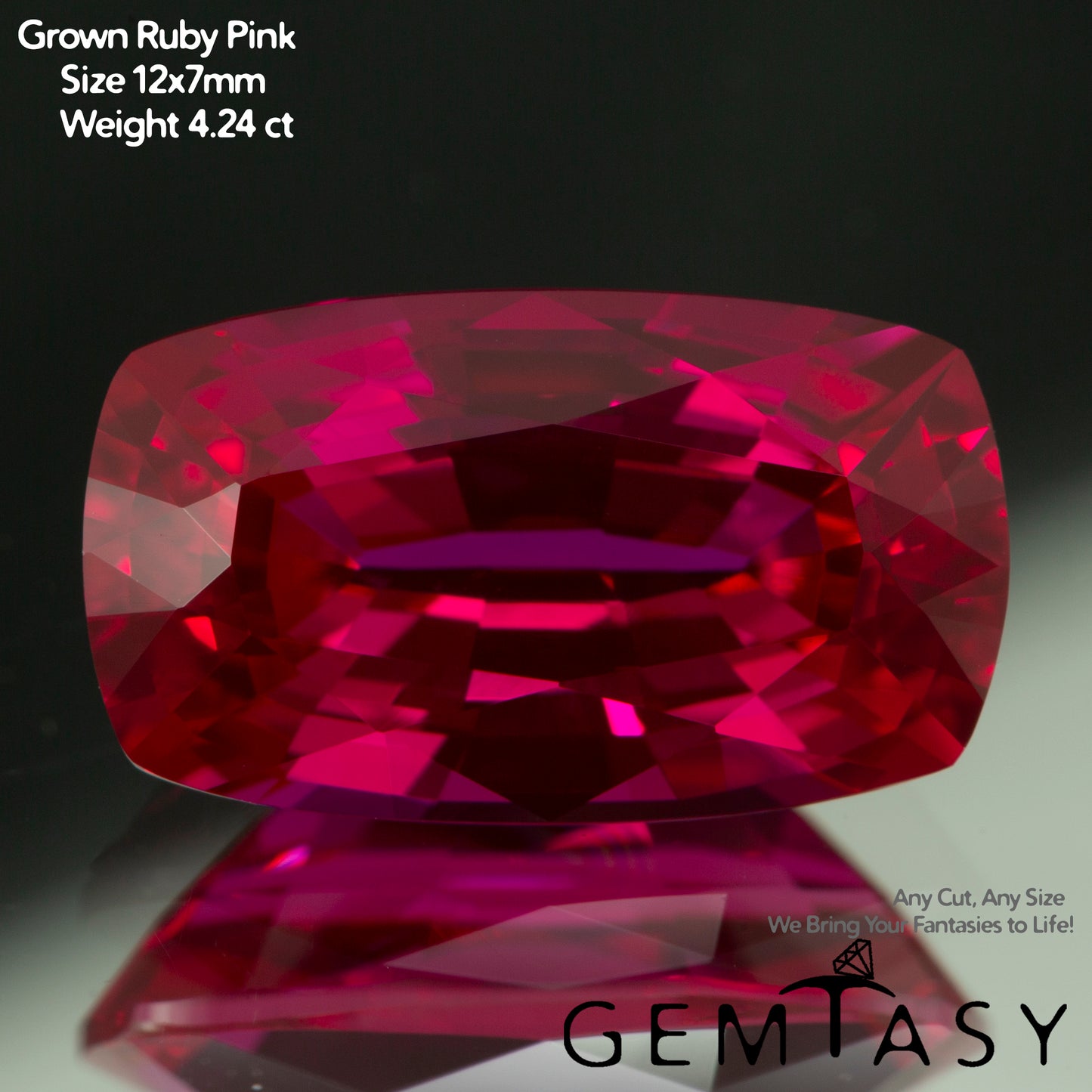 Cut stone - Ruby Pink Czochralski (Pulled) lab grown, facet Cushion 12x7mm 4.03-4.24ct
