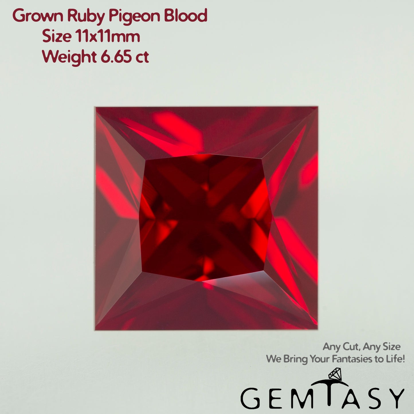 Cut stone - Ruby Pigeon blood Czochralski (Pulled) lab grown, facet Princess 11x11mm 6.65ct