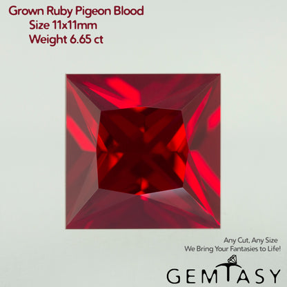 Cut stone - Ruby Pigeon blood Czochralski (Pulled) lab grown, facet Princess 11x11mm 6.65ct