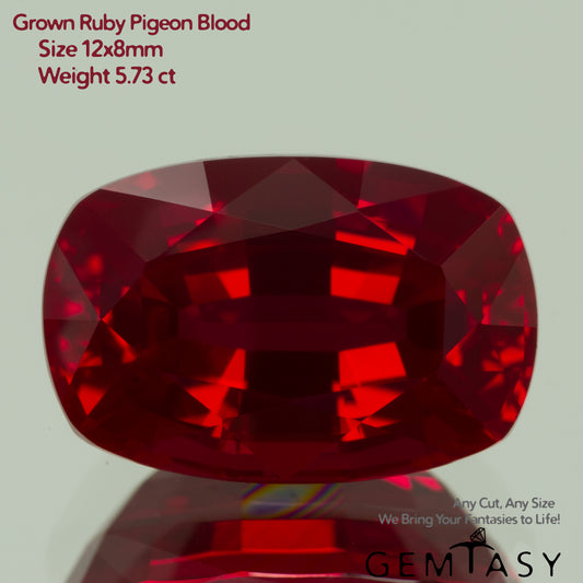 Cut stone - Ruby Pigeon blood Czochralski (Pulled) lab grown, facet Cushion 12x8mm 5.12-5.73ct