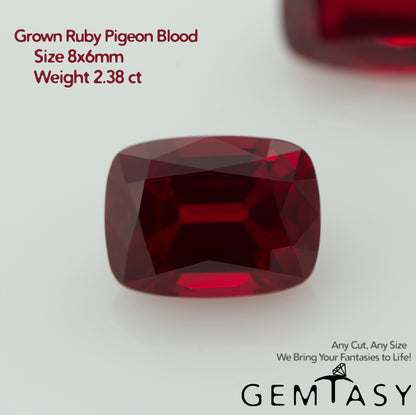 Cut stone - Ruby Pigeon blood Czochralski (Pulled) lab grown, facet Cushion 8x6mm 2.38ct