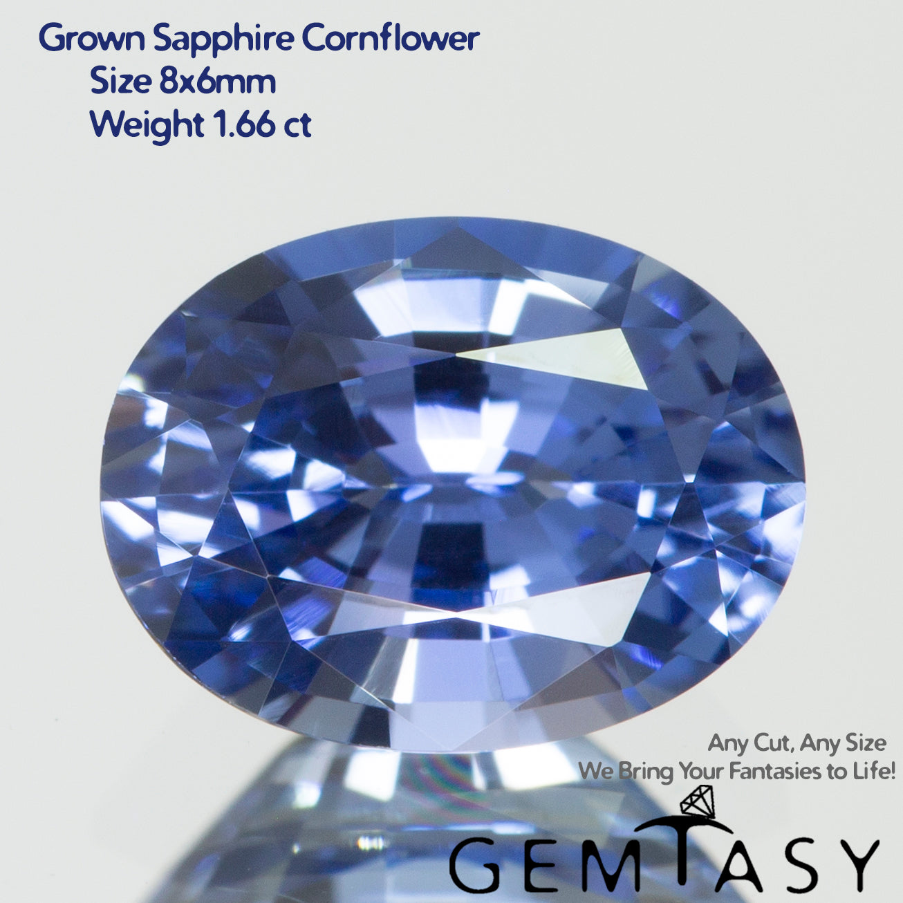 Pierre taillée - Saphir Bleuet bleu Czochralski (Tiré) cultivé en laboratoire, facette Ovale 8x6mm 1,51-1,66ct