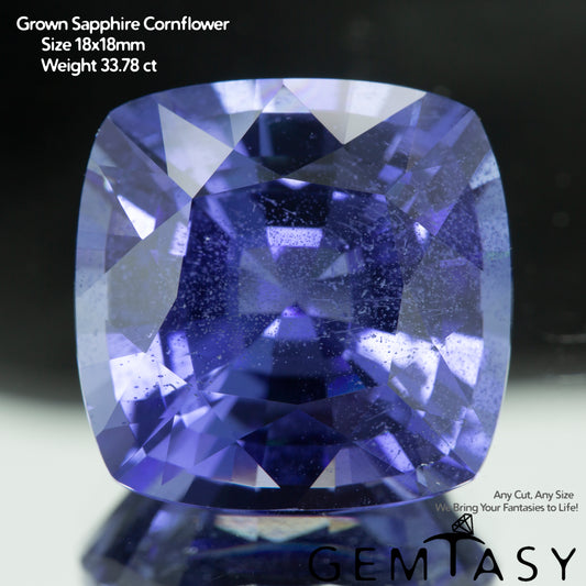 Cut stone - Sapphire Cornflower Blue Czochralski (Pulled) lab grown, facet Cushion 18x18mm 33.78ct