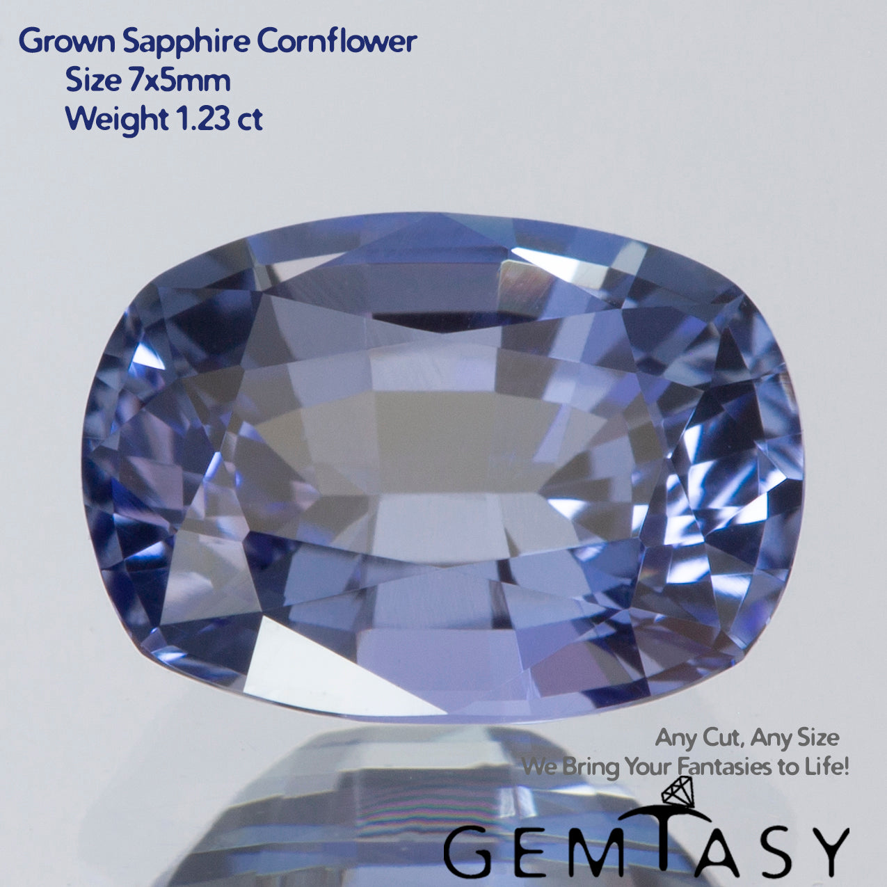 Cut stone - Sapphire Cornflower Blue Czochralski (Pulled) lab grown, facet Cushion 7x5mm 1.02-1.23ct