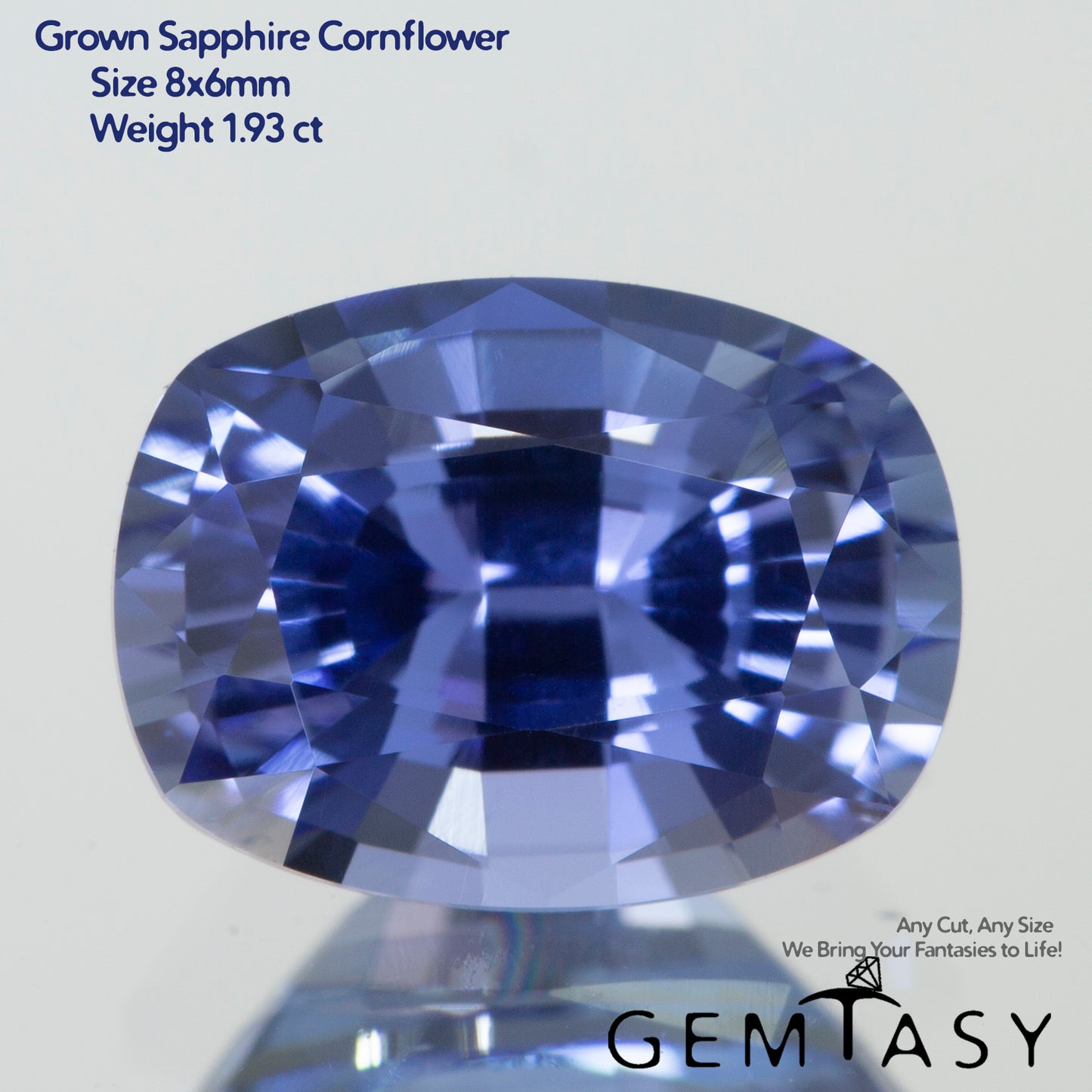 Cut stone - Sapphire Cornflower Blue Czochralski (Pulled) lab grown, facet Cushion 8x6mm 1.74-1.93ct