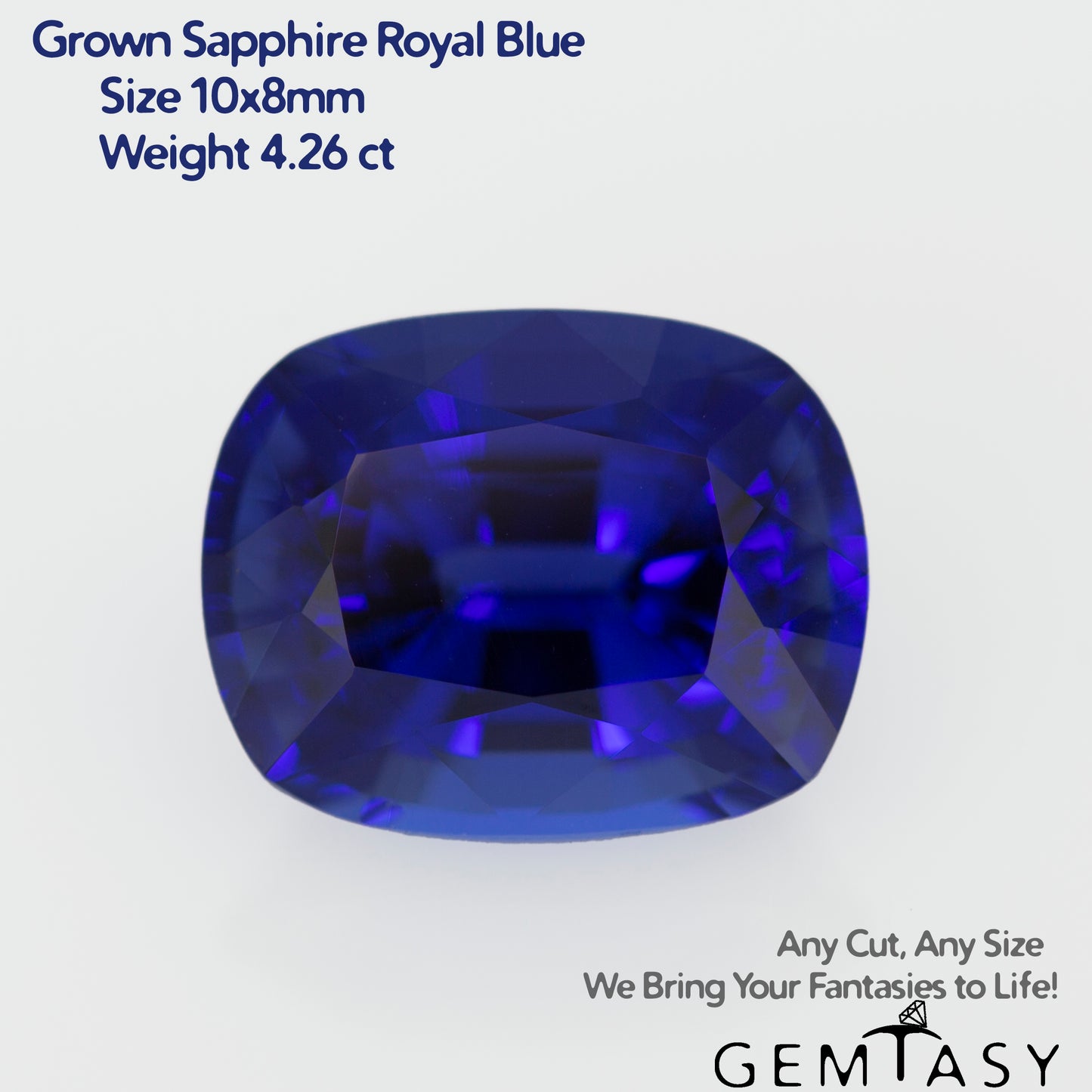 Cut stone - Sapphire Royal Blue Czochralski (Pulled) lab grown, facet Cushion 10x8mm 4.26ct