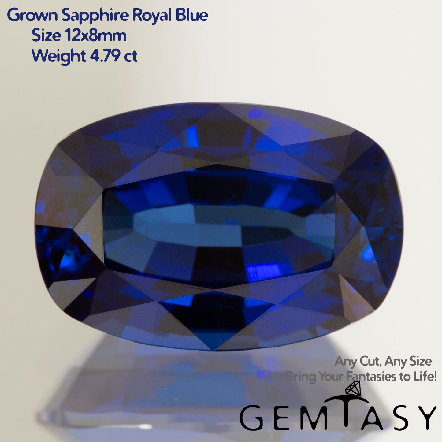 Cut stone - Sapphire Royal Blue Czochralski (Pulled) lab grown, facet Cushion 12x8mm 4.54-4.79ct