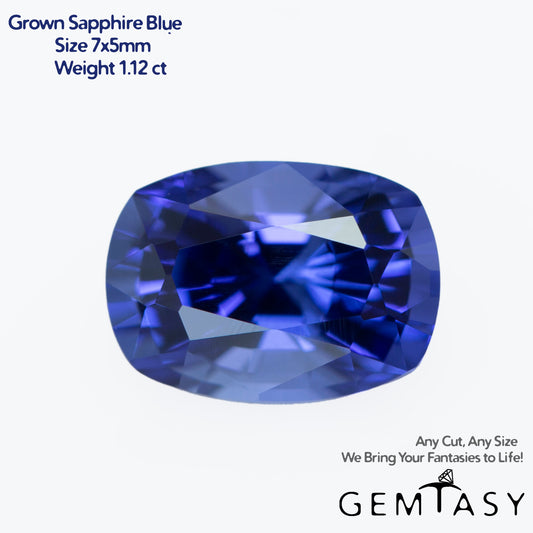 Cut stone - Sapphire Blue Czochralski (Pulled) lab grown, facet Cushion 7x5mm 1.12ct