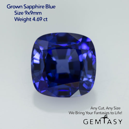 Cut stone - Sapphire Blue Czochralski (Pulled) lab grown, facet Cushion 9x9mm 4.69ct