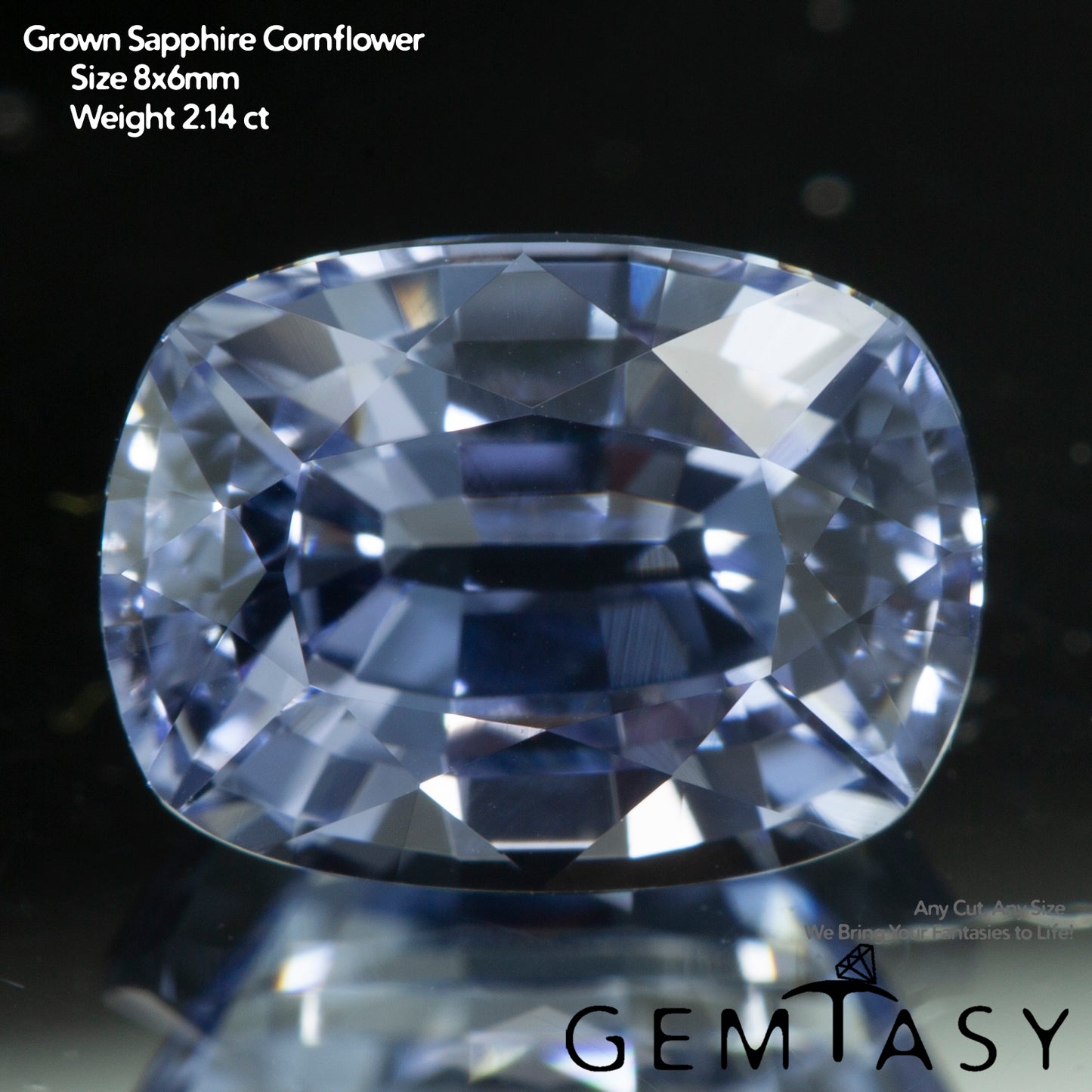 Cut stone - Sapphire Cornflower Blue Czochralski (Pulled) lab grown, facet Cushion 8x6mm 2.07-2.24ct
