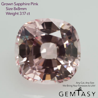 Cut stone - Sapphire Pink light Czochralski (Pulled) lab grown, facet Cushion 8x8mm 3.17ct