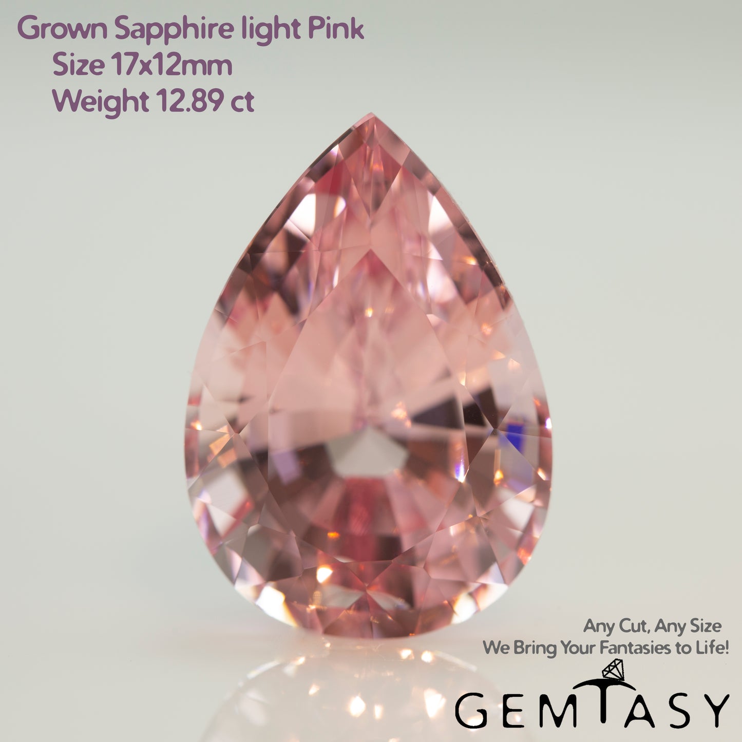 Cut stone - Sapphire light Pink Czochralski (Pulled) lab grown, facet Pear 17x12mm 12.89ct