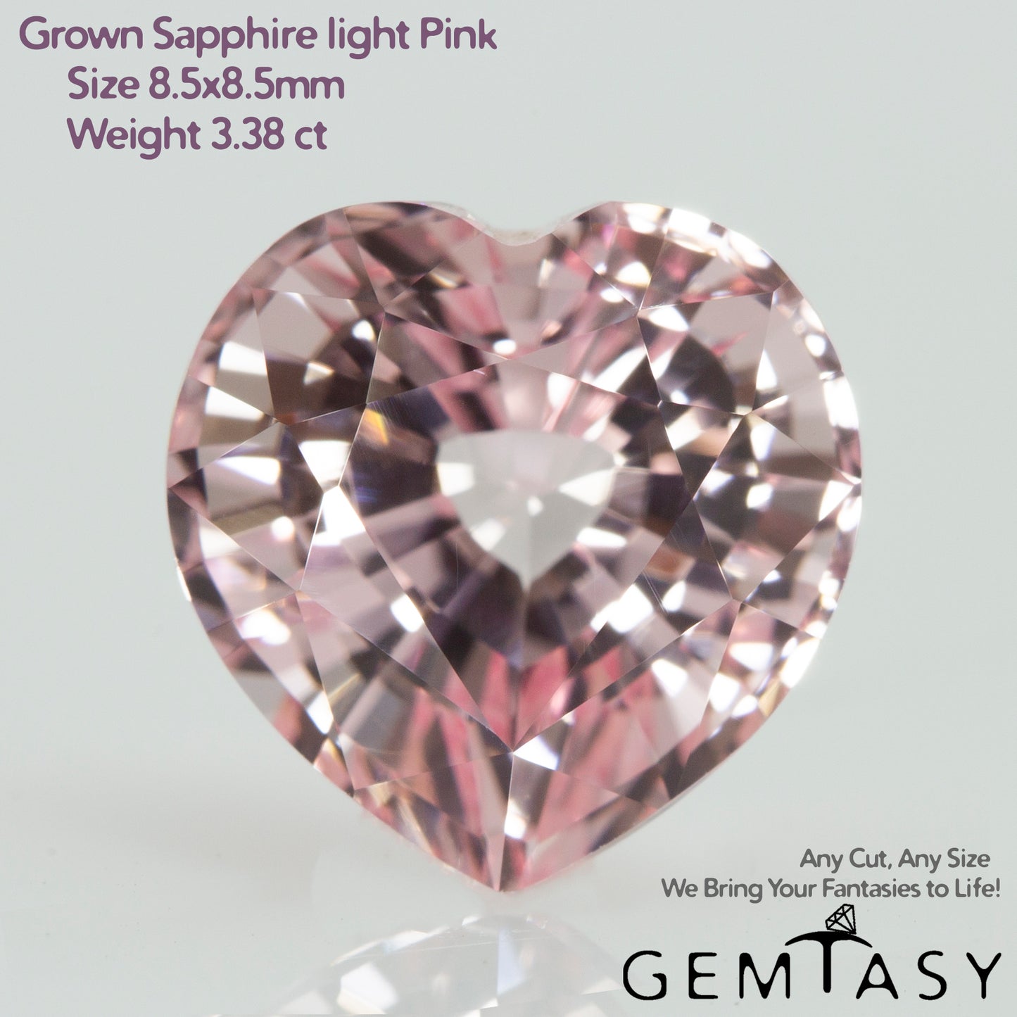 Cut stone - Sapphire Pink light Czochralski (Pulled) lab grown, facet Heart 8.5x8.5mm 3.38ct