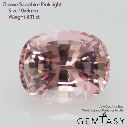 Cut stone - Sapphire Pink light Czochralski (Pulled) lab grown, facet Cushion 10x8mm 4.11ct