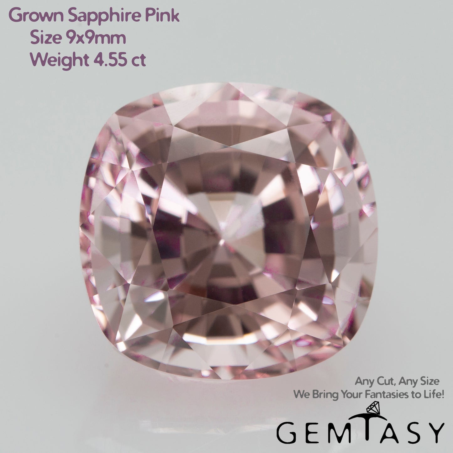 Cut stone - Sapphire Pink light Czochralski (Pulled) lab grown, facet Cushion 9x9mm 4.55ct