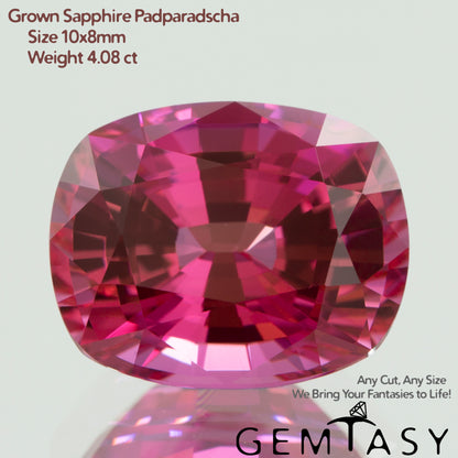 Cut stone - Sapphire Padparadscha Czochralski (Pulled) lab grown, facet Cushion 10x8mm 3.91-4.08ct