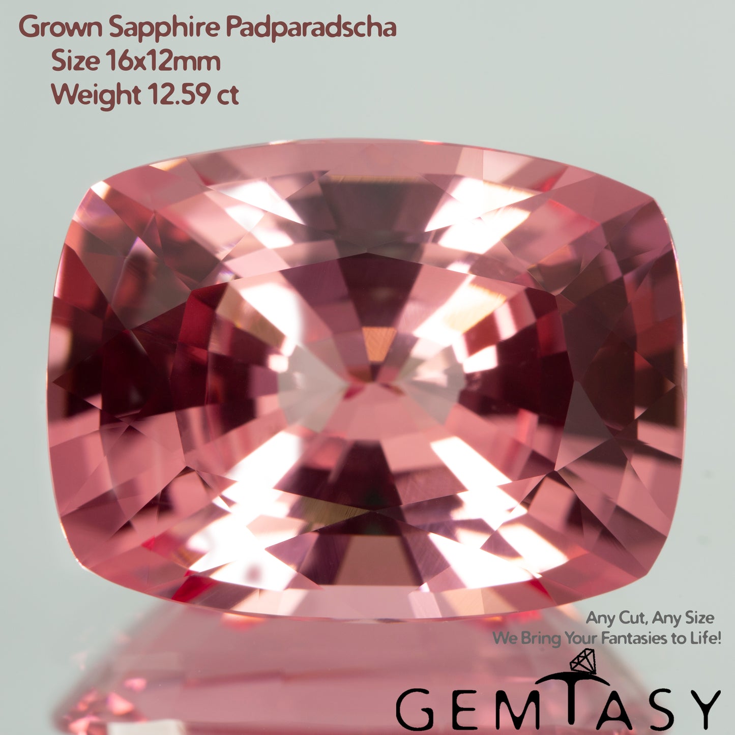 Cut stone - Sapphire Padparadscha Czochralski (Pulled) lab grown, facet Cushion 16x12mm 12.59ct