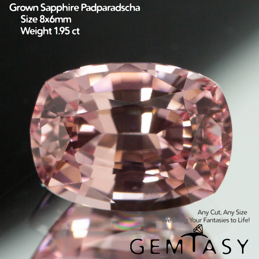 Cut stone - Sapphire Padparadscha Czochralski (Pulled) lab grown, facet Cushion 8x6mm 1.73-1.95ct