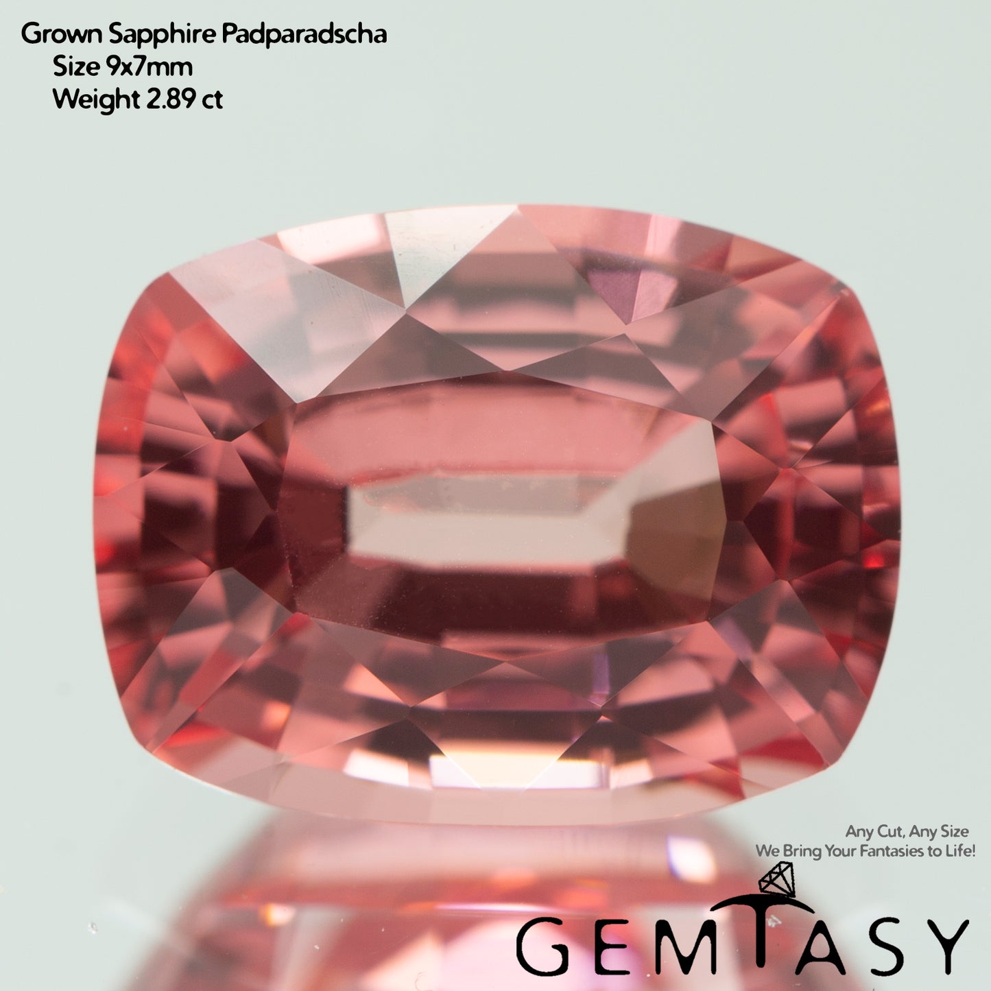 Cut stone - Sapphire Padparadscha Czochralski (Pulled) lab grown, facet Cushion 9x7mm 2.89-3.02ct