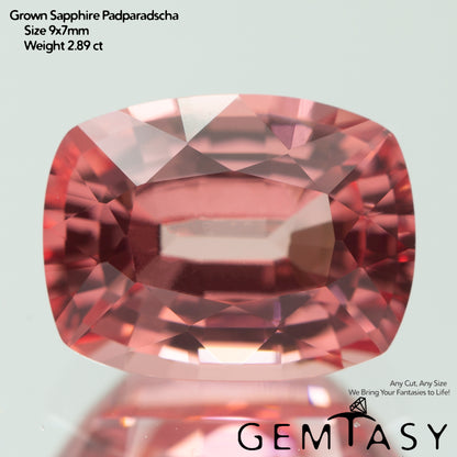 Cut stone - Sapphire Padparadscha Czochralski (Pulled) lab grown, facet Cushion 9x7mm 2.89-3.02ct