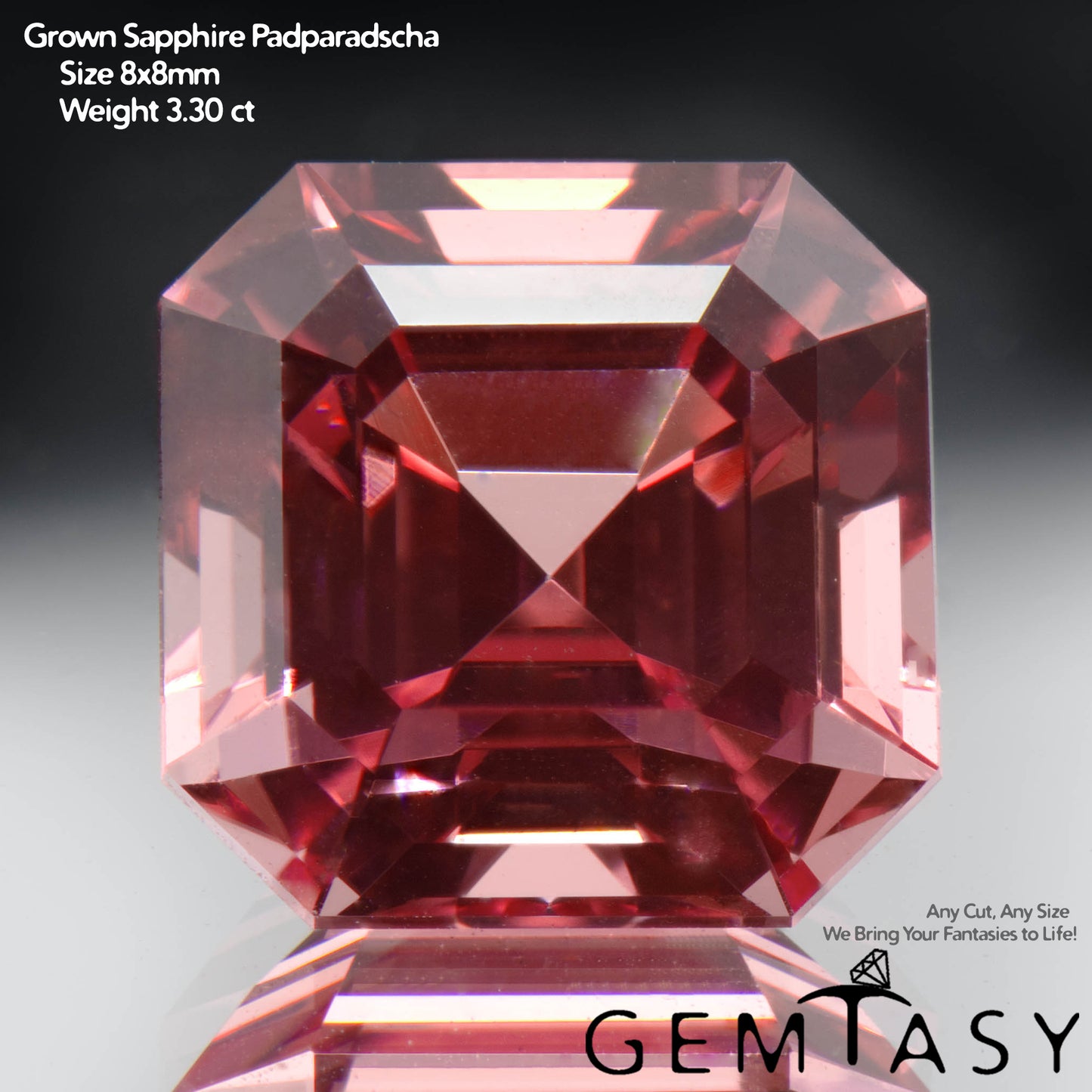 Piedra tallada - Zafiro Padparadscha Czochralski (Extraído) cultivado en laboratorio, facetado Octágono 8x8mm 3,21-3,64ct