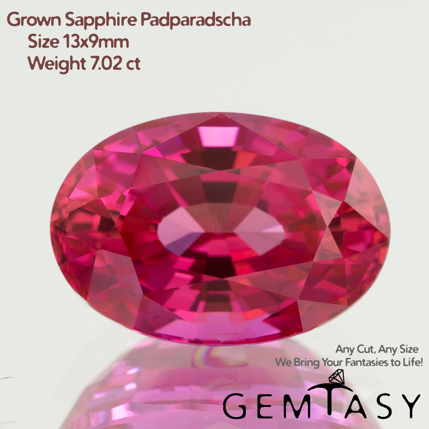 Cut stone - Sapphire Padparadscha Czochralski (Pulled) lab grown, facet Oval 13x9mm 7.02ct