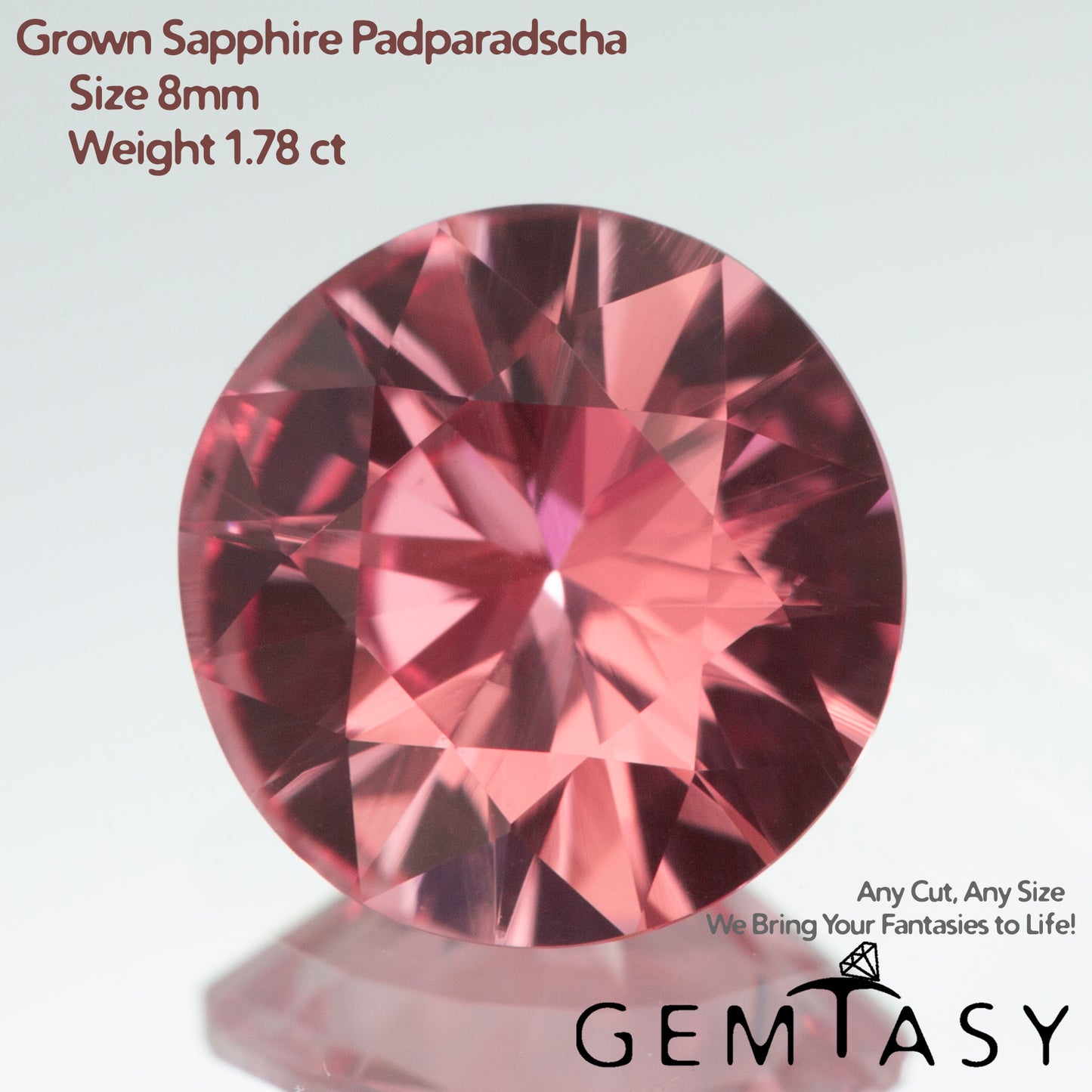 Cut stone - Sapphire Padparadscha Czochralski (Pulled) lab grown, facet Round 8mm 1.78ct