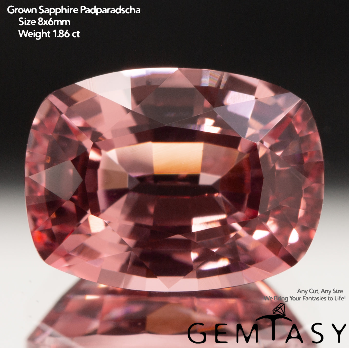 Cut stone - Sapphire Padparadscha Czochralski (Pulled) lab grown, facet Cushion 8x6mm 1.73-1.86ct