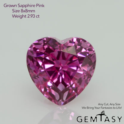 Cut stone - Sapphire Pink Czochralski (Pulled) lab grown, facet Heart 8x8mm 2.93ct