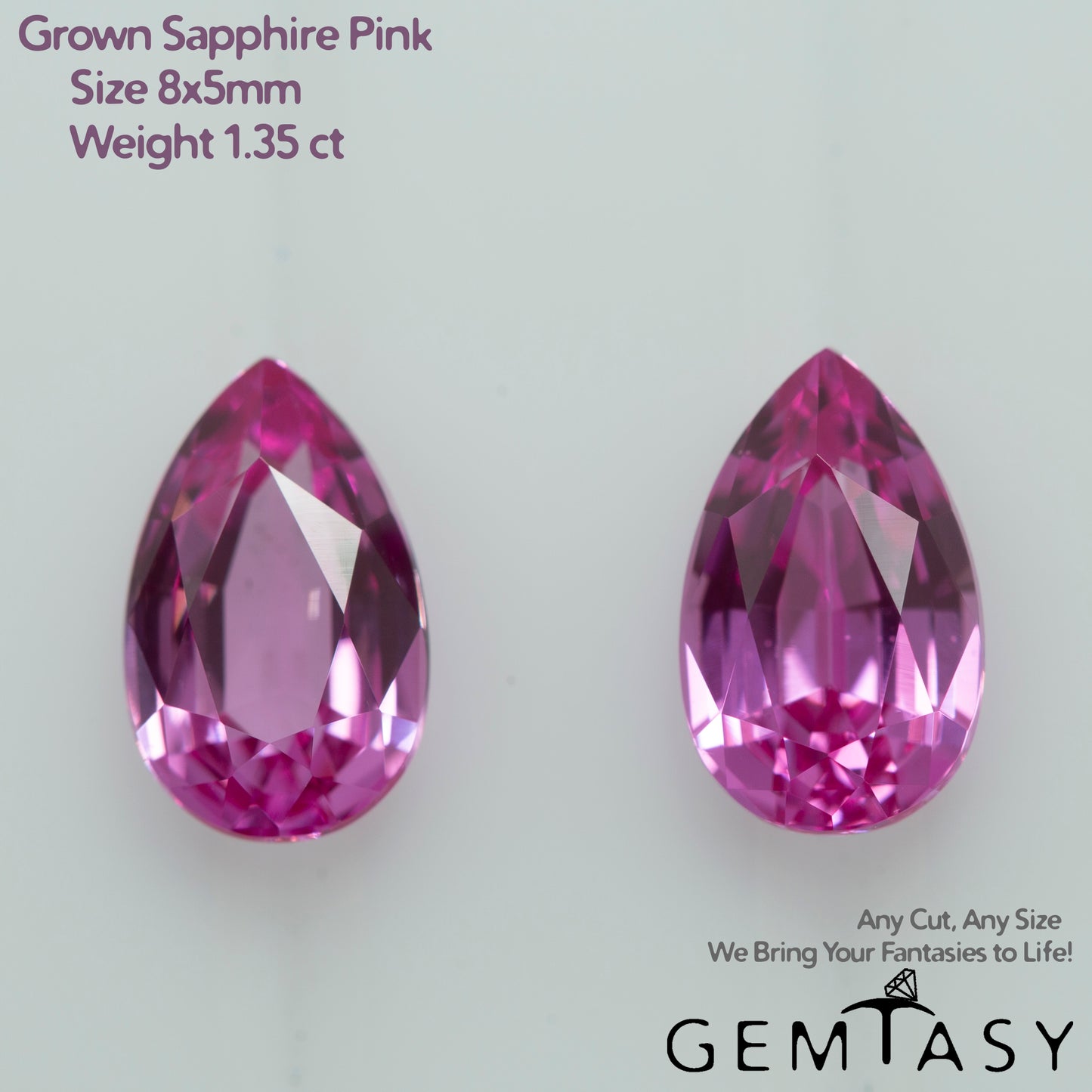 Cut stone - Sapphire Pink Czochralski (Pulled) lab grown, facet Pear 8x5mm 1.35-1.45ct