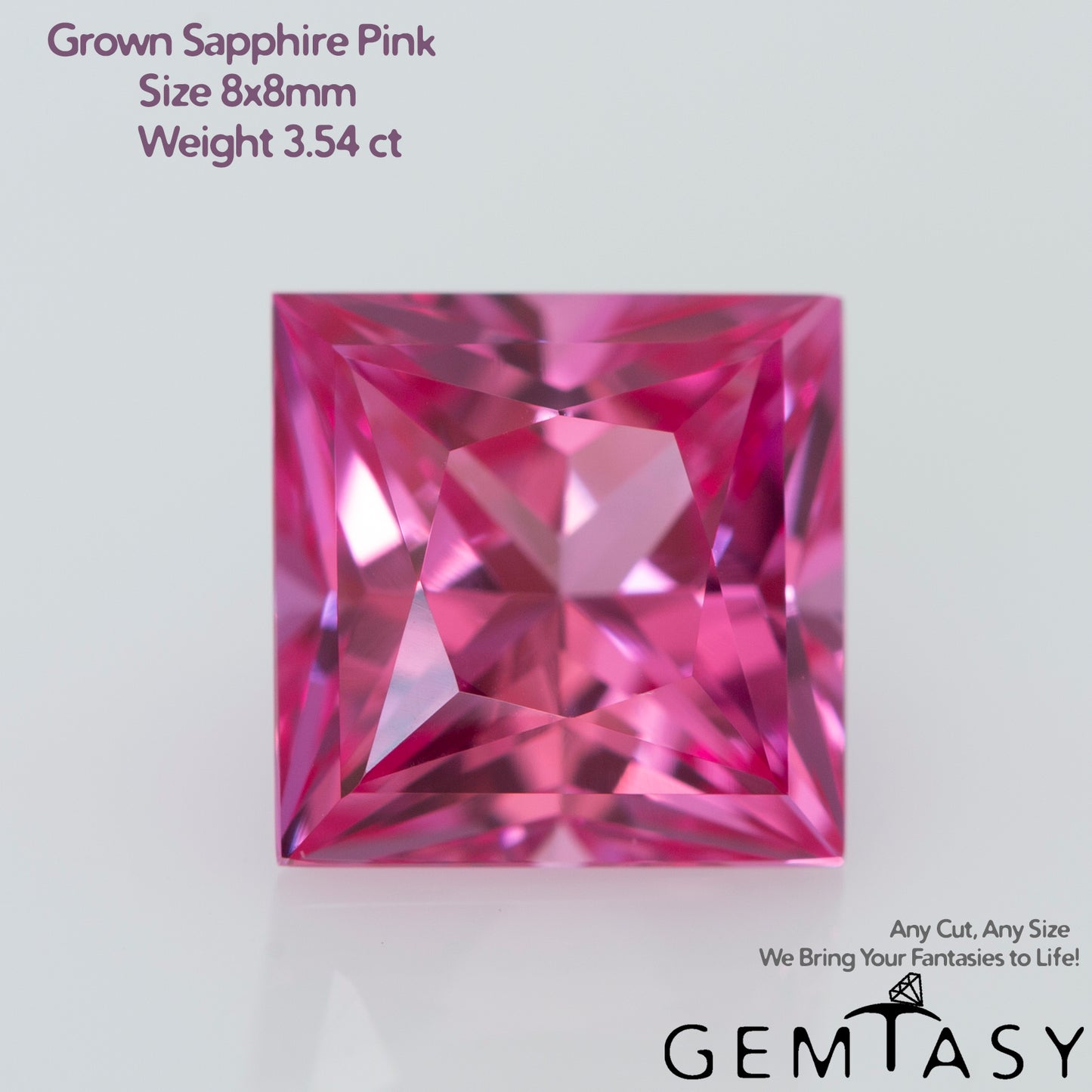 Pierre taillée - Saphir Rose Czochralski (Tiré) cultivé en laboratoire, facette Princesse 8x8mm 3.54ct