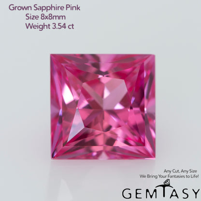 Cut stone - Sapphire Pink Czochralski (Pulled) lab grown, facet Princess 8x8mm 3.54ct