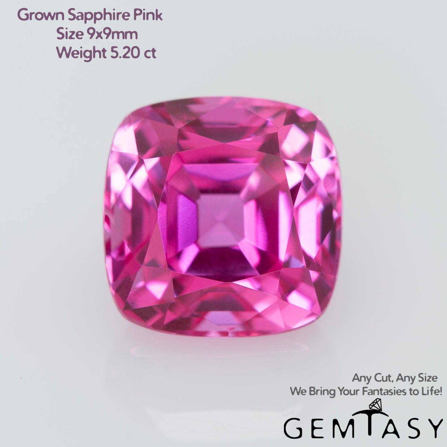 Cut stone - Sapphire Pink Czochralski (Pulled) lab grown, facet Cushion 9x9mm 5.20ct