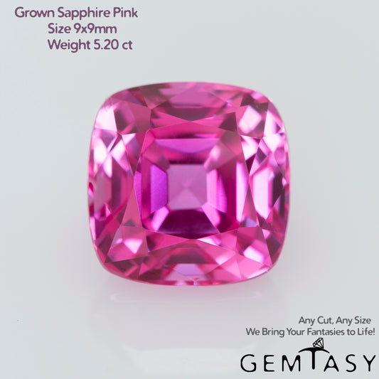 Pierre taillée - Saphir Rose Czochralski (Tiré) cultivé en laboratoire, facette Coussin 9x9mm 5,20ct