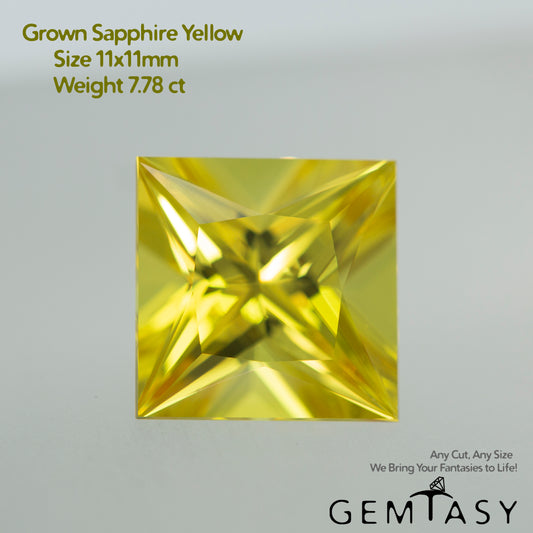 Cut stone - Sapphire Yellow Czochralski (Pulled) lab grown, facet Princess 11x11mm 7.78ct