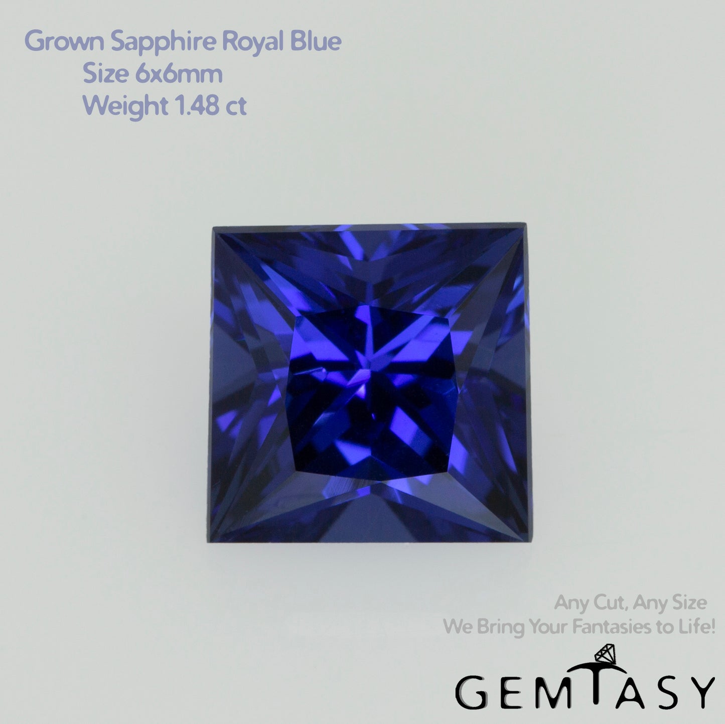 Cut stone - Sapphire Royal Blue Czochralski (Pulled) lab grown, facet Princess 6x6mm 1.48ct