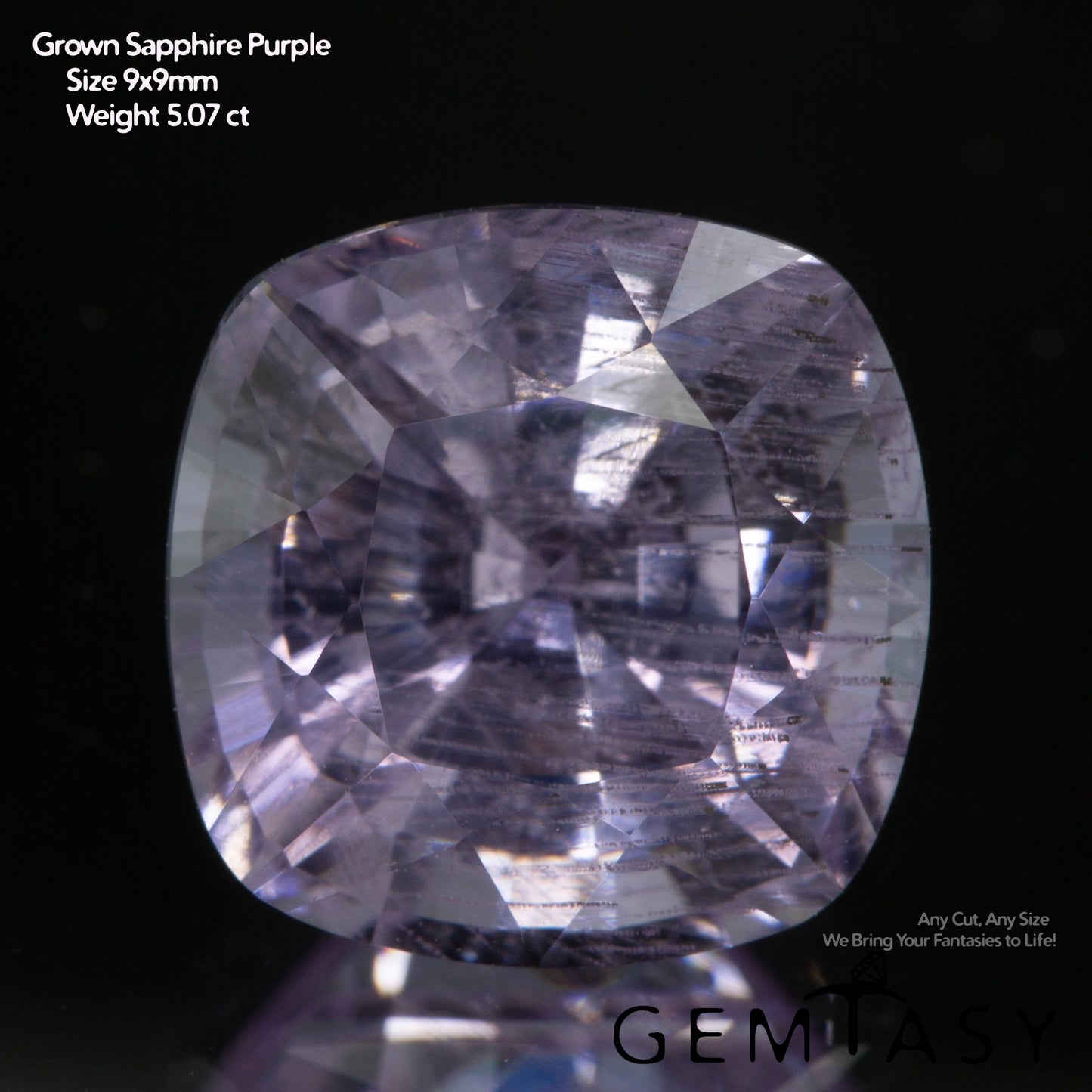 Piedra tallada - Zafiro Violeta Czochralski (Extraído) cultivado en laboratorio, facetado Cojín 9x9mm 4,65-5,07 ct