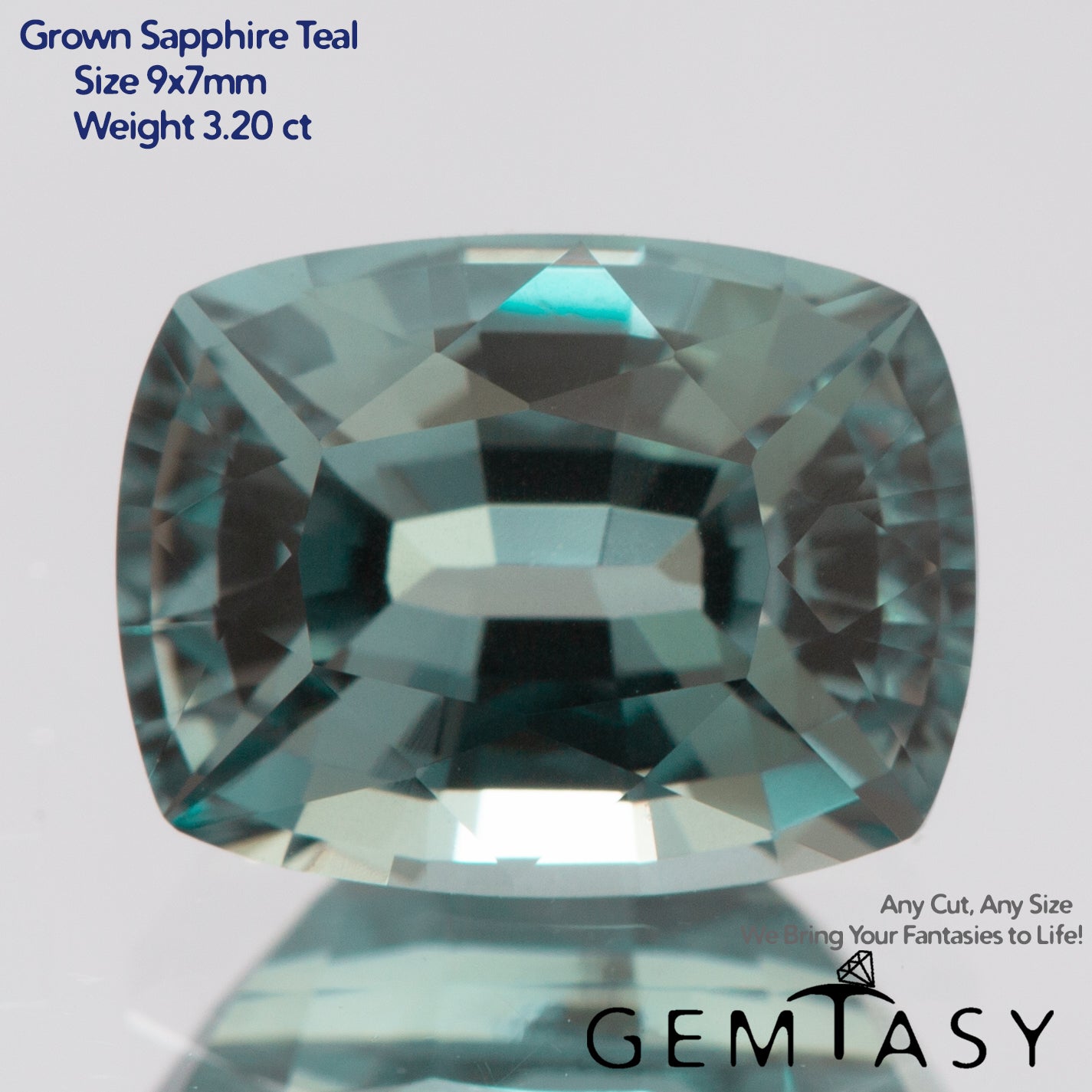 Cut stone - Sapphire Teal Montana Czochralski (Pulled) lab grown, facet Cushion 9x7mm 2.84-3.2ct