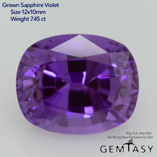 Cut stone - Sapphire Violet Czochralski (Pulled) lab grown, facet Cushion 12x10mm 7.45ct