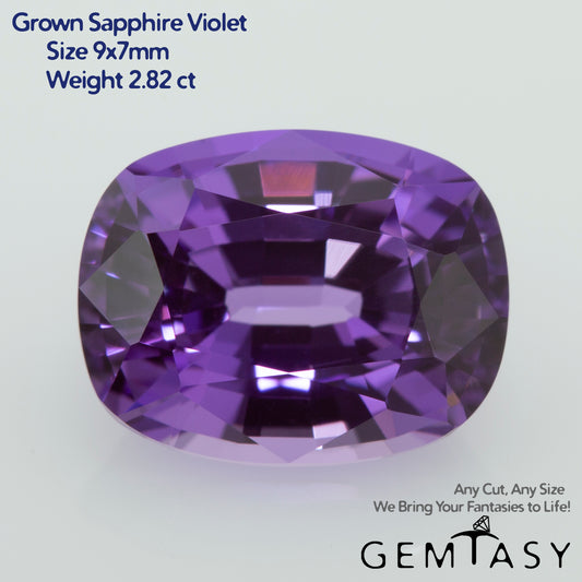 Cut stone - Sapphire Violet Czochralski (Pulled) lab grown, facet Cushion 9x7mm 2.82ct